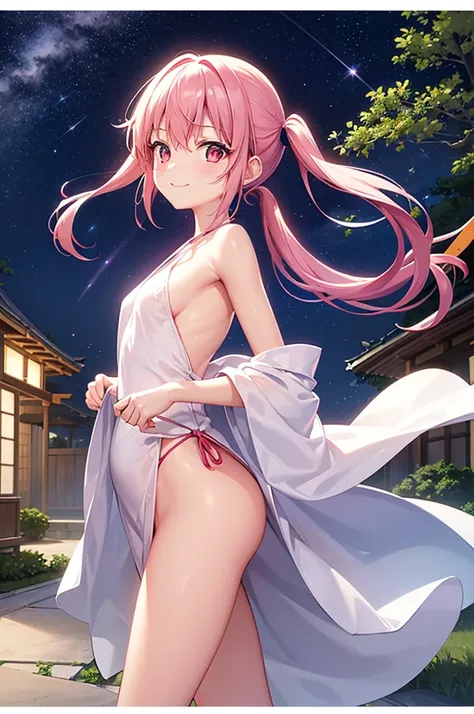 Perfect human body modeling, 1girl, small breasts, beautiful girl, cute girl and idol face, young face, smile, Beautiful long pink hair, twintails, Beautiful shining red eyes, white skin, Short body,  Festival of the Weaver July 7th, blue yukata light cott...