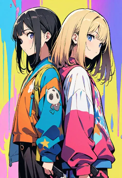 (japanese anime illustration),(best quality, masterpiece, ultra highres, ultra-detailed:1.2) ,(two girls,stand back to back),buddy,teen,cute,hitgirl,1Girl with long-black hair and 1girl with short-blonde hair,has handgun,colorful background,latest fashion,