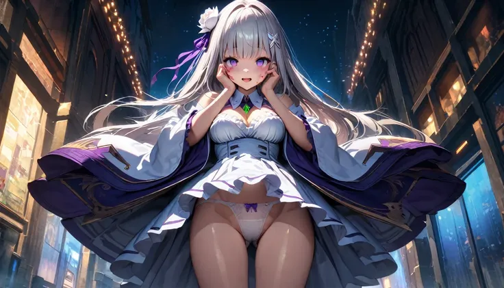 A high resolution, ultra detailed, Emilia, White hair, purple eyes, long hair, Medium breasts, hair flower, X-hair decoration, hair ribbon, White dress, separate collar, wide sleeves, white knee socks, open mouth, smile, yandere trance, yandere, Looking at...