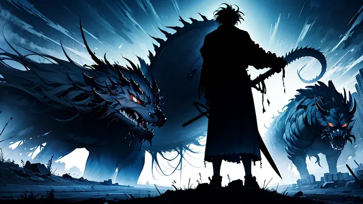 A heroic anime character stands tall and defiant, facing a colossal monster in a dramatic showdown. The perspective is from behind the character, capturing the scene from their viewpoint as they look up at the towering beast. The character is clad in detai...