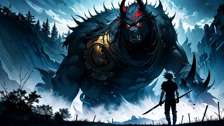 A heroic anime character stands tall and defiant, facing a colossal monster in a dramatic showdown. The perspective is from behind the character, capturing the scene from their viewpoint as they look up at the towering beast. The character is clad in detai...