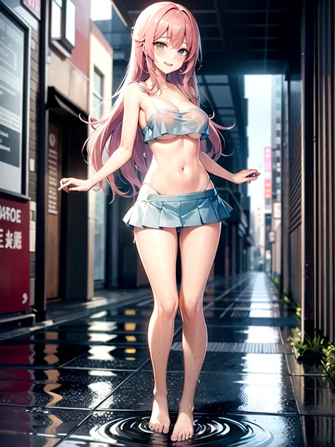 girl，Young，（masterpiece，Highest quality），Street，Completely naked，Bare shoulders、Gal、Pink Hair、smile、passionate、long hair、(Underboob)，Big Breasts，Cleavage，(stomach)，Black mini tube top、looking at the camera、Black ultra micro mini pleated olo、Are standing、ba...