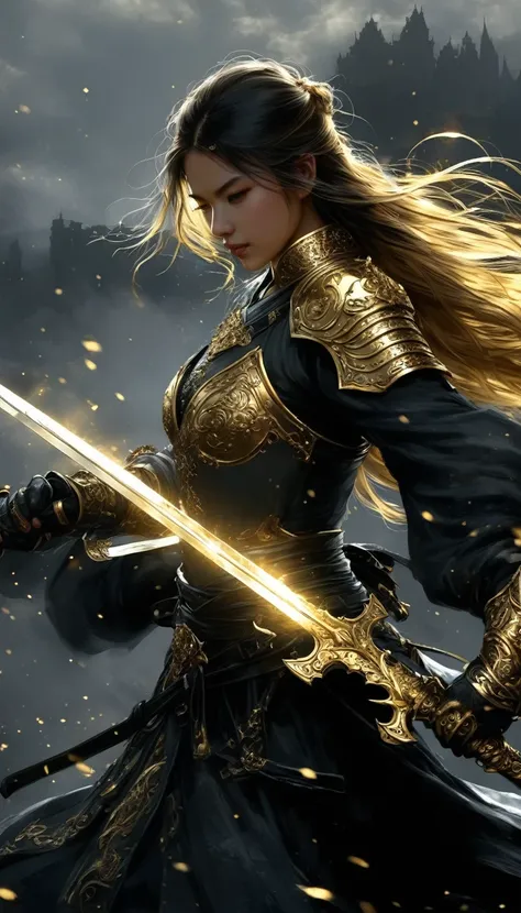 Gold wire crafts， 1 girl,  whole body, launch.Female swordsman， Hold the hilt of the sword，Under the gun of a dark secret kingdom，Black fog all around