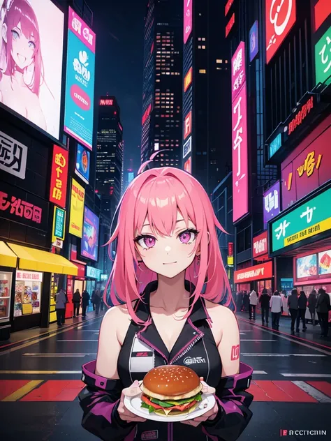 Create image poster concepts Cyberpunk Manga Madness Poster
Background: A bustling cyberpunk cityscape with towering skyscrapers, neon signs, and holographic projections of burgers and fries casting colorful glows in shades of neon blue, purple, and pink.
...