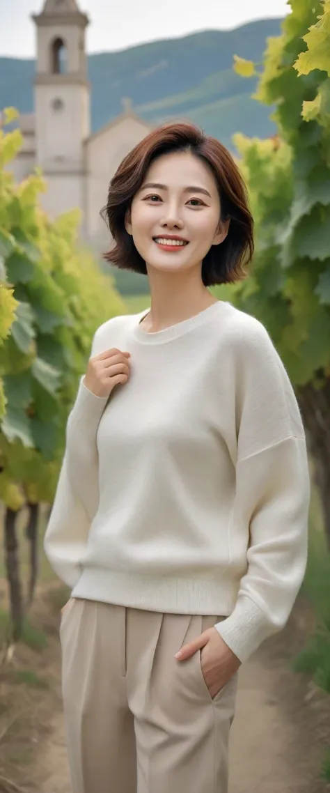 8k best picture quality, Beautiful 36-year-old Korean woman, Chest size 34 inches, View of a cathedral next to a vineyard in the Italian countryside, Back background realistic and vivid image quality, Short and medium hair blowing in the wind, Wearing high...