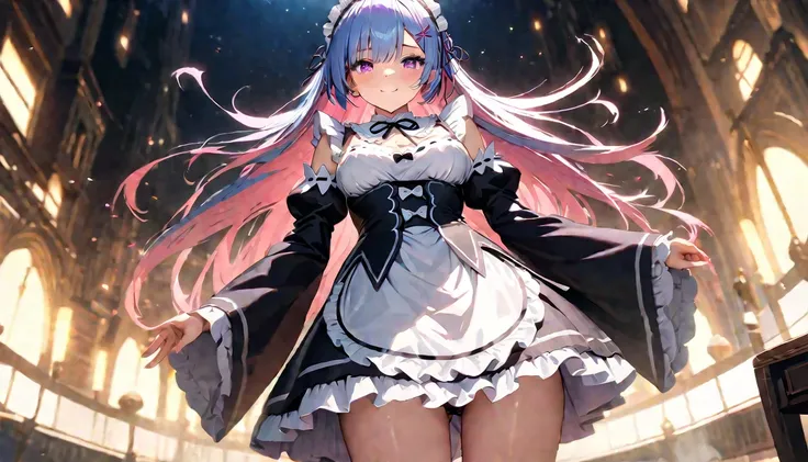 rem, Re:NULL, A high resolution, ultra detailed,((pixel perfect, perfect in detail))), aboutдин, 1 girl,  REM sleep, Roswaal Mansion Maid Uniform, maid headdress, Looking at the viewer, smile, ., High view, particles and hard light, cut corner. depth of fi...