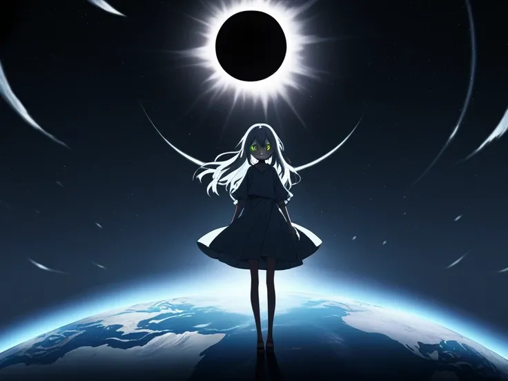 ((highest quality)), ((masterpiece)), ((detailed)), A manga anime cover with high quality. Central persistent girl character with bright eyes, determination, and a black aura around her, in a conflict pose. Distorted view of the earth in the background. Ti...