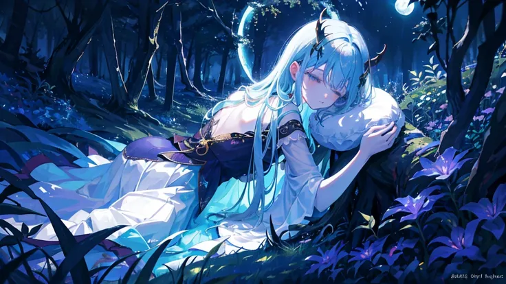 In a clearing hidden in the heart of the enchanted forest, a young demon girl rests peacefully under the silver glow of the moon. Its dark skin contrasts with its folded iridescent wings, which cover it like a protective blanket. Its delicately curved horn...