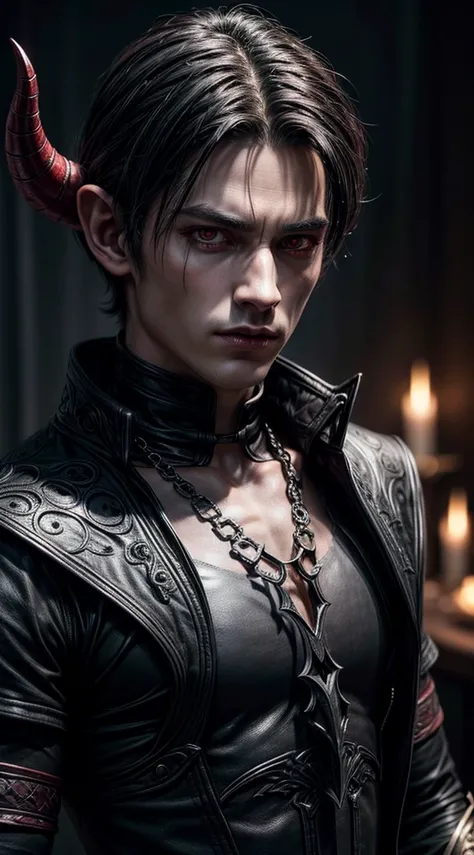 a male tiefling, demonic horns, short black hair, pointed ears, dark atmosphere, fantasy character, male, extremely detailed face and features, beautiful detailed eyes, beautiful detailed lips, longeyes lashes, muscular build, ornate demonic armor, glowing...