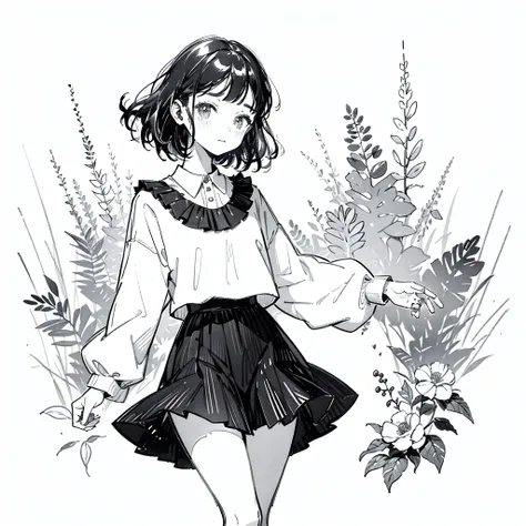 One Girl,Line art,Monochrome,sketch,Pencil drawing,Traditional Media,One Girl, skirt,Cute Teenage Girls, ,Beautiful portrait、Delicate body、Black Hair、Black Hair,landscape,Black and White