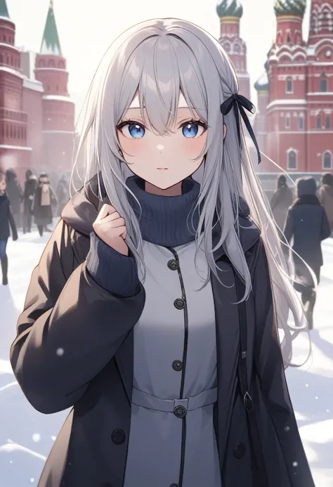 One girl, Alisa Mikhailovna Kujo,Tomorrow, my friend, Arya-san, will be visiting Russia.,alone, Long Hair, Eyebrows visible through hair, Hair between the eyes, Silver Hair, Hair Ribbon, blue eyes, Medium chest, ,Long sleeve, Jacket,Winter clothes View vie...