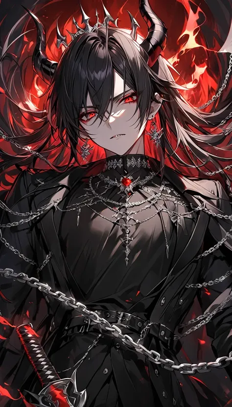 alone, good looking, 1 male, Long hair, Middle parted, Black hair, Red eyes, Black shirt, White Thailand, Black Trench Coat, Royal Silver Jewellery, Royal Demon Earrings, Black horns, Demon Crown, Demonic Katana, Chain, On Back, Demonic Black flames Aura