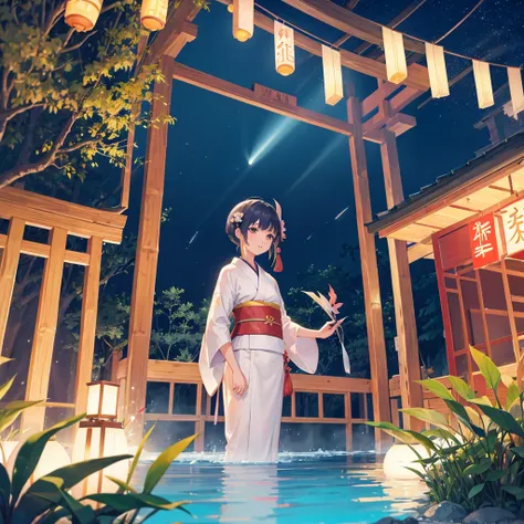 Tanabata in the night sky　Girls and men in Chinese style kimonos（lover）　Bamboo forest and paper strips　Have shaved ice　restaurant　Multiple display monitors in the background（anime　）　Aquarium（Goldfish）