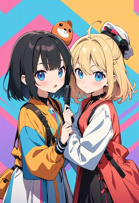 (japanese anime illustration),(best quality, masterpiece, ultra highres, ultra-detailed:1.2) ,(two girls,stand each other),buddy,teen,cute,hitgirl,1Girl with long-black hair and 1girl with short-blonde hair,has handgun,colorful background,latest fashion,