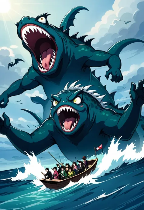 a group of people riding on top of a boat in the ocean, by Arthur Pan, deviantart contest winner, scary sea monster, mobile wallpaper, with a very large mouth, iphone capture