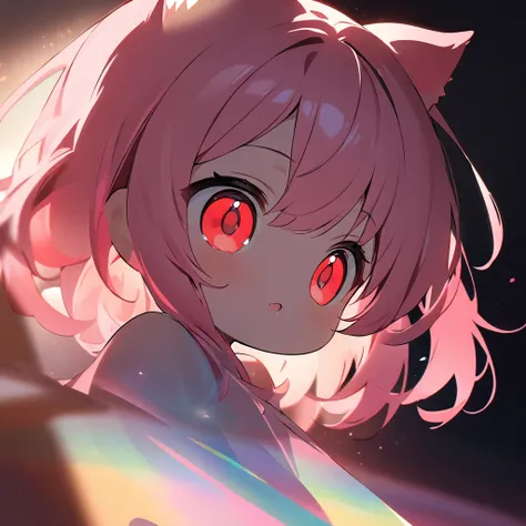 Top quality, masterpiece, chibi character, pink hair, animal ears girl, red eyes, dark background, double exposure, shadows covering the body, fantastic light curtain,モノクロ