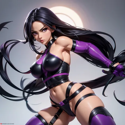 Create a highly detailed image of Psylocke from Marvel Comics, featuring her toned, bodybuilding body. She is wearing a black swimsuit and has a long purple sash tied around her waist. Its arms and legs have black bands. The scene should portray her in a d...