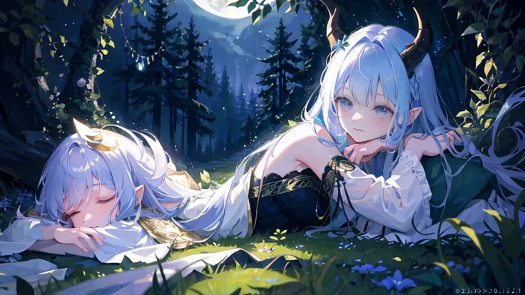 In a clearing hidden in the heart of the enchanted forest, a young demon girl rests peacefully under the silver glow of the moon. Its dark skin contrasts with its folded iridescent wings, which cover it like a protective blanket. Its delicately curved horn...