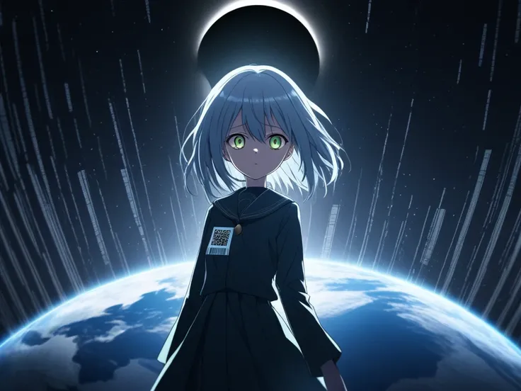 ((highest quality)), ((masterpiece)), ((detailed)), A manga anime cover with high quality. Central persistent girl character with bright eyes, determination, and a black aura around her, in a conflict pose. Distorted view of the earth in the background. Ti...