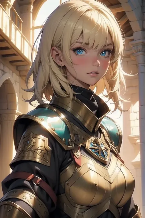 4K, high quality, Cowboy Shot, Digital painting of a beautiful girl, like々Cute Girl, Short blonde, Short silky hair with short flowing bangs, Quite a soft face, turn bright red, Cute face with soft blush, Girl in the Middle Ages, Girl in medieval armor, fa...