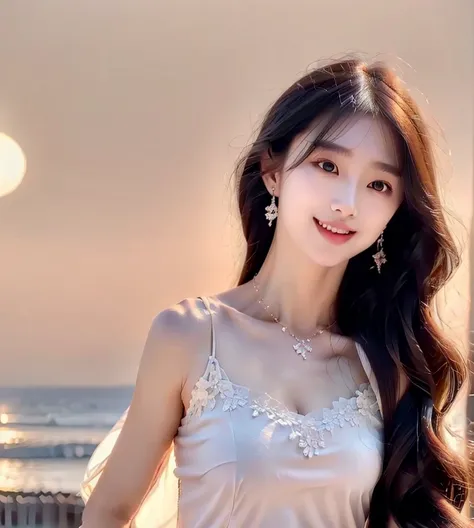 Beautiful and lovely 22-year-old girl，Highest image quality，Beautiful graphics，Tyndall effect，big eyes，Long eyelashes，White openwork lace，With clavicle，Black long hair，Perfect facial features，Clear face，Delicate lips，Wearing dazzling earrings on the ears，A...