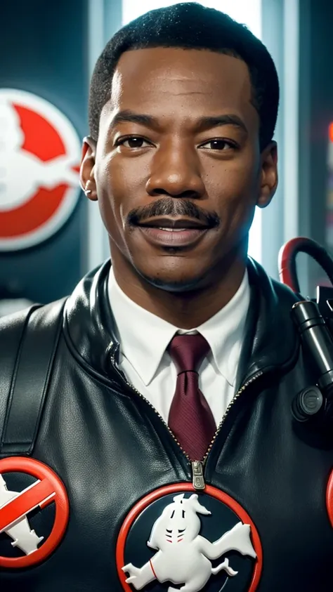 Eddie Murphy as the original Ghostbusters squad, realistic, 8K, extreme close up, portrait, professional, cinematic, film, 