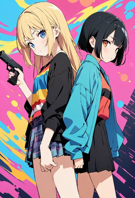 (japanese anime illustration),(best quality, masterpiece, ultra highres, ultra-detailed:1.2) ,(two girls,stand back to back),buddy,teen,cute,hitgirl,1Girl with long-black hair and 1girl with short-blonde hair,(has handgun),colorful background,latest fashio...