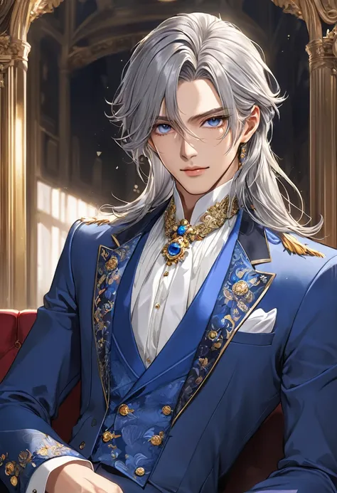 
          Wearing a blue suit, the upper sleeves should be wide and the hem should not be too long.(Luxurious, gorgeous and fancy)Handsome anime man wearing white fancy collar looking at audience male version handsome full body portrait high resolution, S...