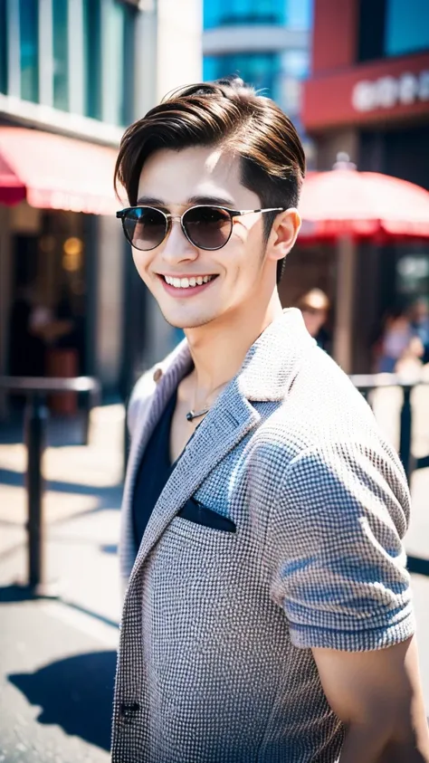 high resolution,４K,Charm、Vibrant urban background,The charming smile of a cool man in his 20s。Wear sunglasses。Define your face from the shoulders up。With confidence and flexibility、It has an eye-catching appeal。