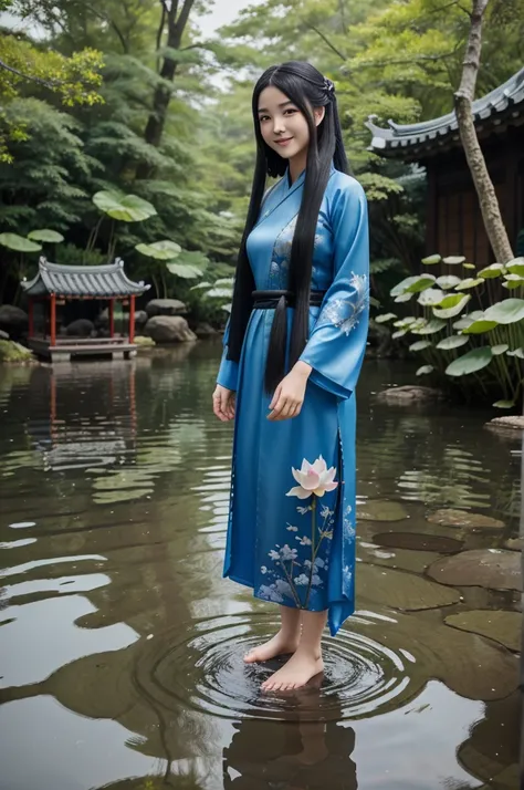 ((4k,masterpiece,best quality)), shuimobysim, traditional chinese ink painting, lotus,  hanfu, maxiskit, dress conservatively
1girl, solo, long blue hair, smile, standing, feet in the water, barefoot,
 