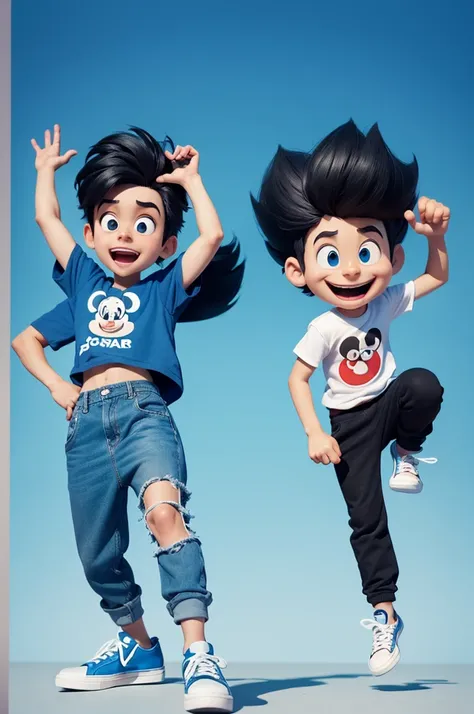 Fun boy character,Disney  style,pixar,3d,very small,with black hair,blue T-shirt, nick sneakers, light blue skin,black pants,8 k quality,