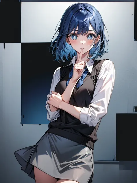 1girl, blue hair, blue eyes, white blouse, black vest, grey skirt