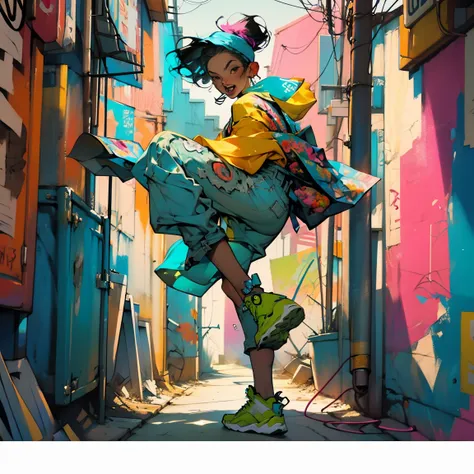 (high resolution:1.2),ultra detaild,realisitic,sharp focus,colorfully,walls covered in graffiti,street artistryist girl,vibrant clothing,singing passionately,energy performance,street artistry backdrop,urban atmosphere,busy street scene,agitation, expressi...