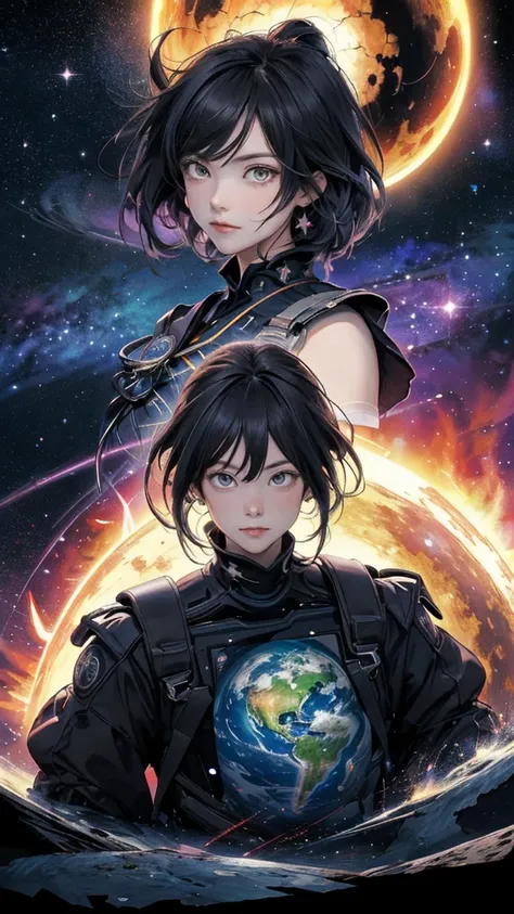 ((highest quality)), ((masterpiece)), ((detailed)), A manga anime cover with high quality. Central persistent girl character with bright eyes, determination, and a black aura around her, in a conflict pose. Distorted view of the earth in the background. Ti...