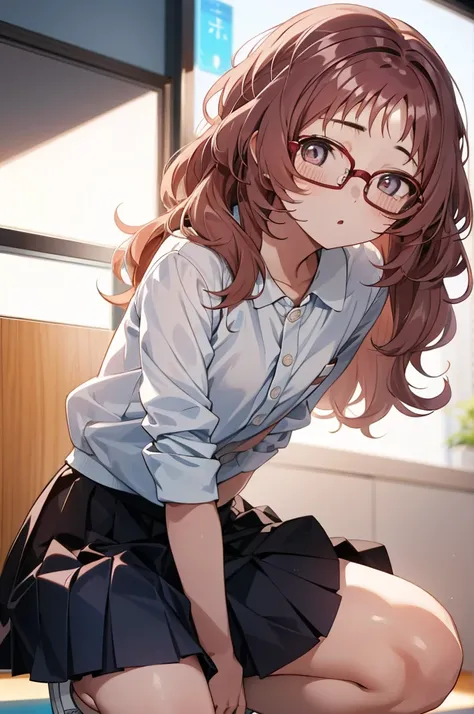 Mie Ai、1 girl、Wavy hair、glasses、small breasts、he is short、、High resolution、highest quality、detailed face、detailed eyes、white panties、squat、look here、skirt