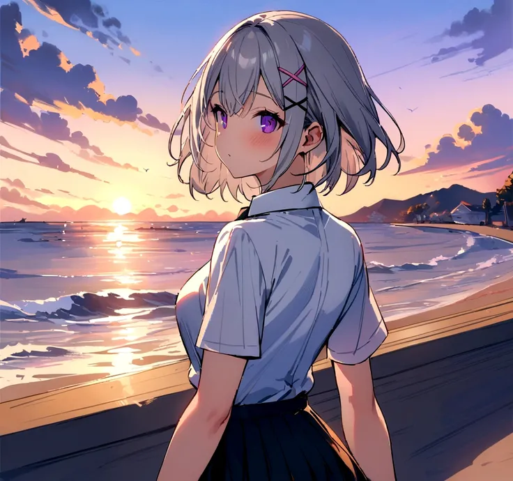 short hair, (Gray Hair:1.2), X Hair Ornament, Purple eyes,tie, girl,One person, Collared shirt, White shirt, Short sleeve, Pleated skirt, student, Highest quality, masterpiece, High resolution, summer,evening