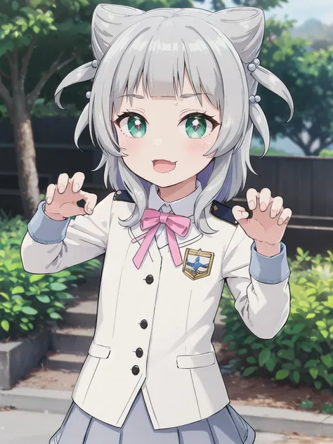 outdoor,((the way)),, 1girl,green eyes, grey hair, hair ornaments, bangs, virtual youtuber,smile,heart shaped pupils, blunt bang...