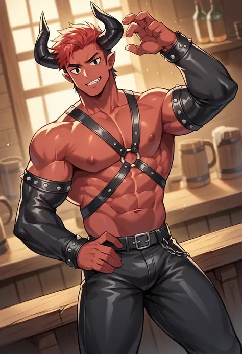 An RPG character who is a red-skinned demon, black horns, and black eyes with red, your hair is long, smooth and white, he is in a tavern with a mysterious look in a black leather outfit and a sword on his back, his physique is not that bulky,  he is more ...