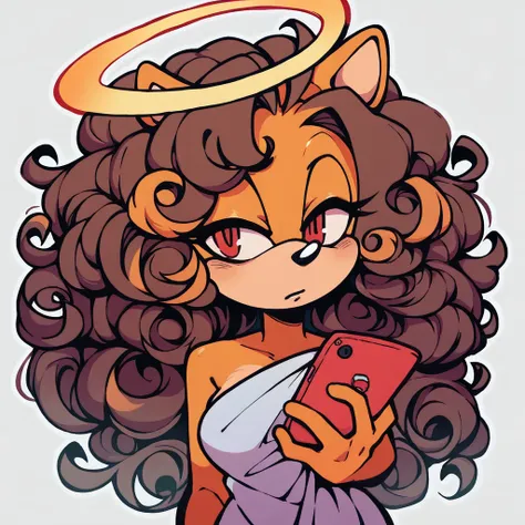 (score_9, score_8_up), solo, mobian, hedgehog, two-tone fur ((orange fur, brown fur)), wrapped in towel, medium breasts, two-tone hair (brown hair, black tip)), curly hair, halo, red eyes, longeyelashes, red eyes, holding phone