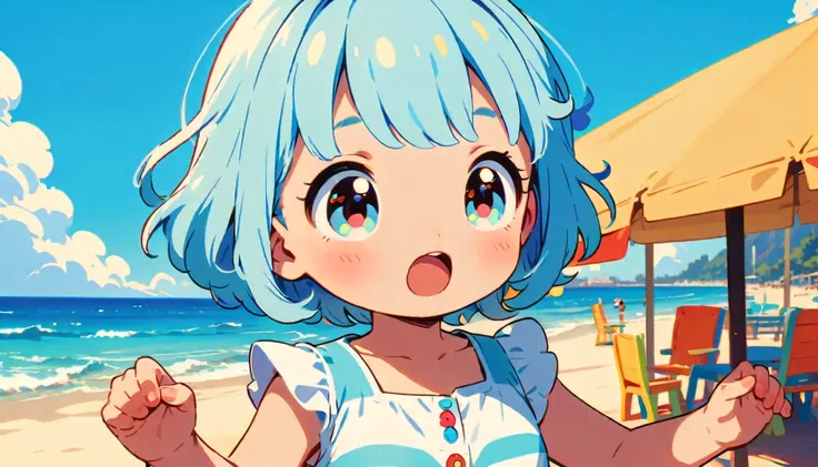 summer、1 female, Light blue hair,　short hair、　cute, animation style, kawaii, clearly,