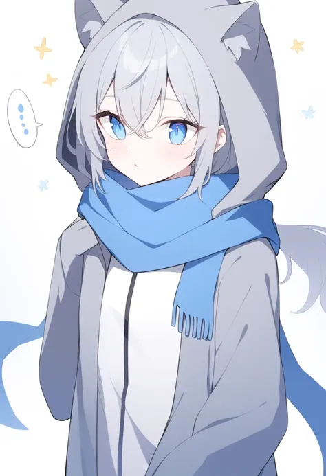 blue eyes，blue scarf，white，whitet恤，blue jacket，grey hood，银white头发，gray ear