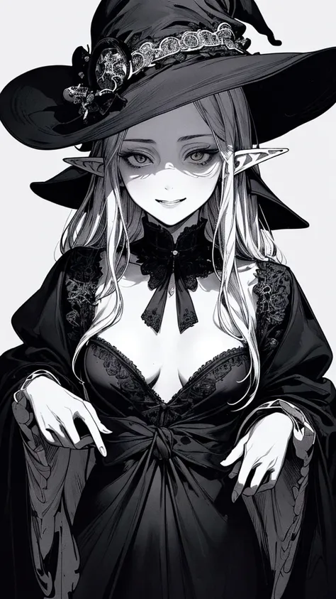 Highest quality, (Background details), High Contrast, so beautiful, Detailed original illustrations, Sensual, , witch, witch hat, Black Robe, Elf, Delicate face, charm, Spoiled brat, sexy, Real breasts, Small breasts、Crazy Smile, Crazy Eyes, Black backgrou...