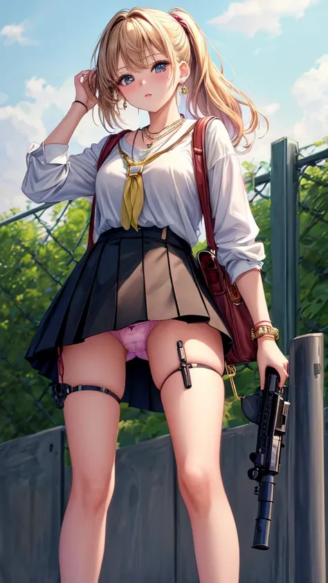 (masterpiece, highest quality, ultra high res, ultra detailed:1.3), 1 cute girl, gyaru, ideal ratio body proportions, many accessories, wrist scrunchies, brecelet, necklace, earrings, (holding rifle, looking into the gun sight, putting one foot on the fenc...