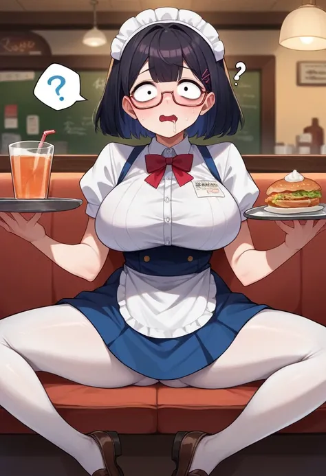 score_9, score_8_up, score_7_up, score_6_up, score_5_up, score_4_up, (source_anime), young girl, spread legs, tactile hair, black hair, glasses, restaurant, big breasts, white pantyhose, waitress, brainwashed, hollow eyes, sweaty, drooling (((NSFW)))((ques...