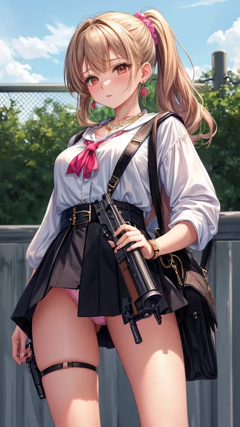 (masterpiece, highest quality, ultra high res, ultra detailed:1.3), 1 cute girl, gyaru, ideal ratio body proportions, many accessories, wrist scrunchies, brecelet, necklace, earrings, (holding rifle, looking into the gun sight, putting one foot on the fenc...