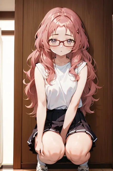 mie ai、1 girl、wavy hair、glasses、small breasts、he is short、、high resolution、highest quality、detailed face、detailed eyes、white pan...