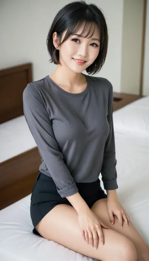 Women, Asian, sitting on a bed, with short hair up, Abella black color, Well defined face, (whole body) big breasts, beautiful figure, a black shirt, bare legs, black panties, showing her bare feet, (soles), while smiling sarcastically.