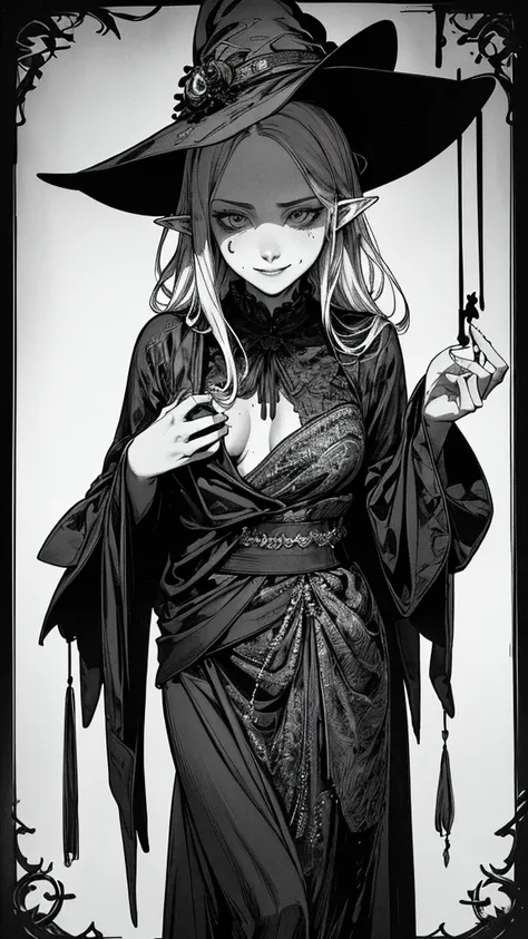 Highest quality, (Background details), High Contrast, so beautiful, Detailed original illustrations, Sensual, , witch, witch hat, Black Robe, Elf, Delicate face, charm, Spoiled brat, sexy, Real breasts, Small breasts、Crazy Smile, Crazy Eyes, Black backgrou...