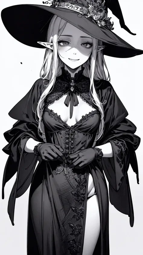 Highest quality, (Background details), High Contrast, so beautiful, Detailed original illustrations, Sensual, , witch, witch hat, Black Robe, Elf, Delicate face, charm, Spoiled brat, sexy, Real breasts, Small breasts、Crazy Smile, Crazy Eyes, Black backgrou...