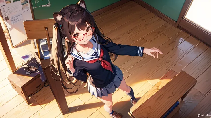 Tanuki, high school girl, sailor uniform, miniskirt, tsundere, glasses, standing pose　classroom